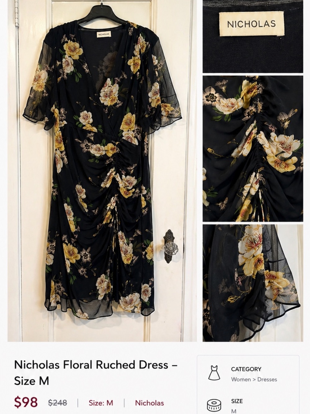 NICHOLAS Black Floral Ruched Midi Dress with Yellow Blooms